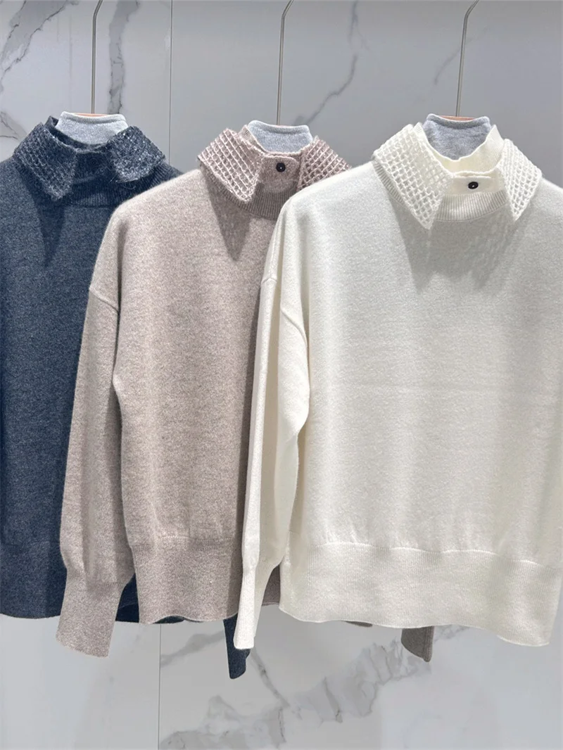 

Женский кашемировый свитер 100% со съемными блестками и отложным воротником, женская мода, новинка, мягкий вязаный пуловер с длинным рукавом