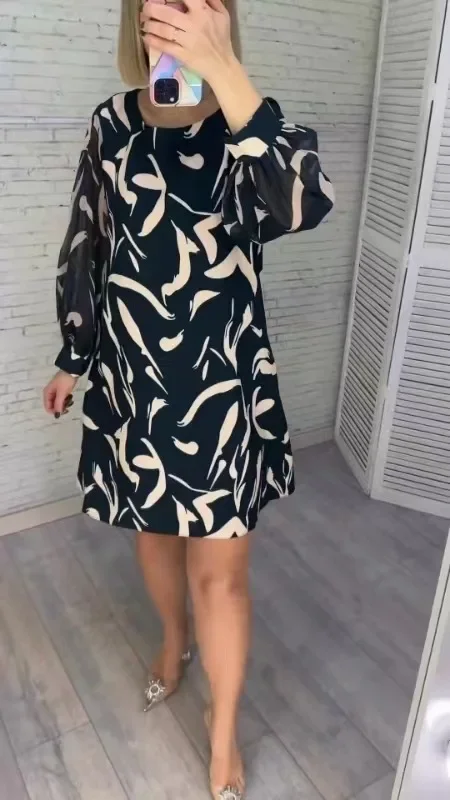 Женское весенне-летнее платье с цветным принтом и длинным рукавом круглым