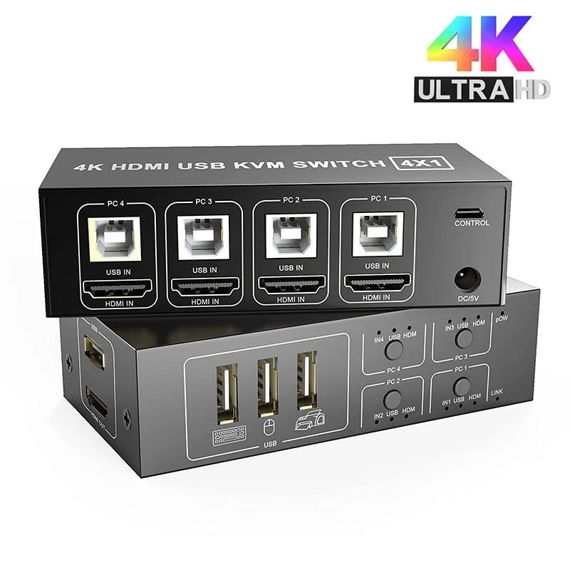 

4 Port HDMI KVM Switch 4 in 1 Out KVM Switch 4 Computers Share Keyboard Mouse Printer Monitor Support 4K@60Hz for Lapto PC HDTV