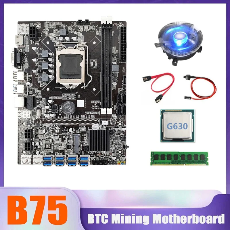 

Материнская плата B75 BTC Miner 8xusb + G630 CPU + DDR3 4G 1333 МГц ОЗУ + вентилятор охлаждения процессора + кабель SATA + кабель переключения B75