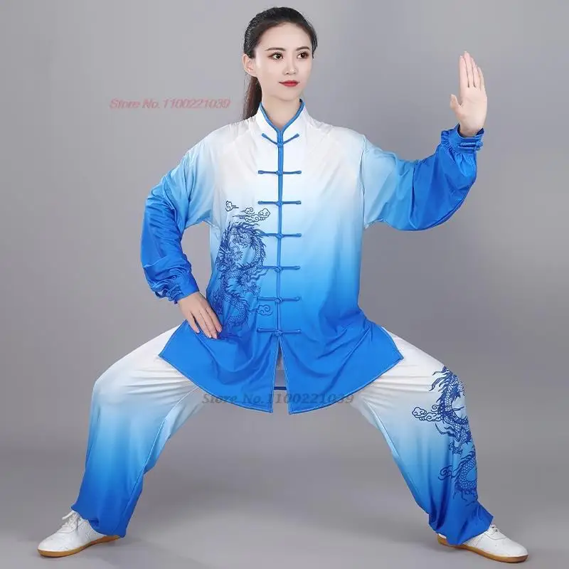 Фото 2026 китайская винтажная одежда для кунг-фу, тай-чи, боевые искусства, тайцзицюань, ушу, униформа, градиент цвета, топ с принтом дракона + брюки, комплект №4