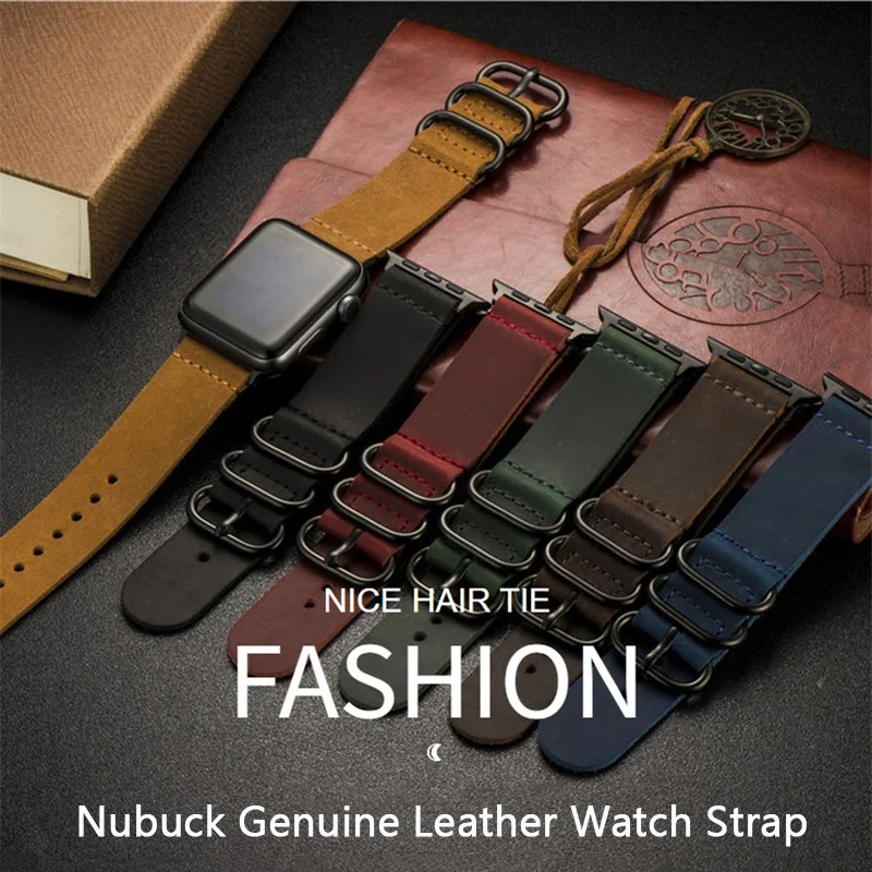 

Three-ring Buckle Nubuck Genuine Leather Watch Strap for Apple Watch Series 7/6/5/4/se/3/2/1Simple Solid