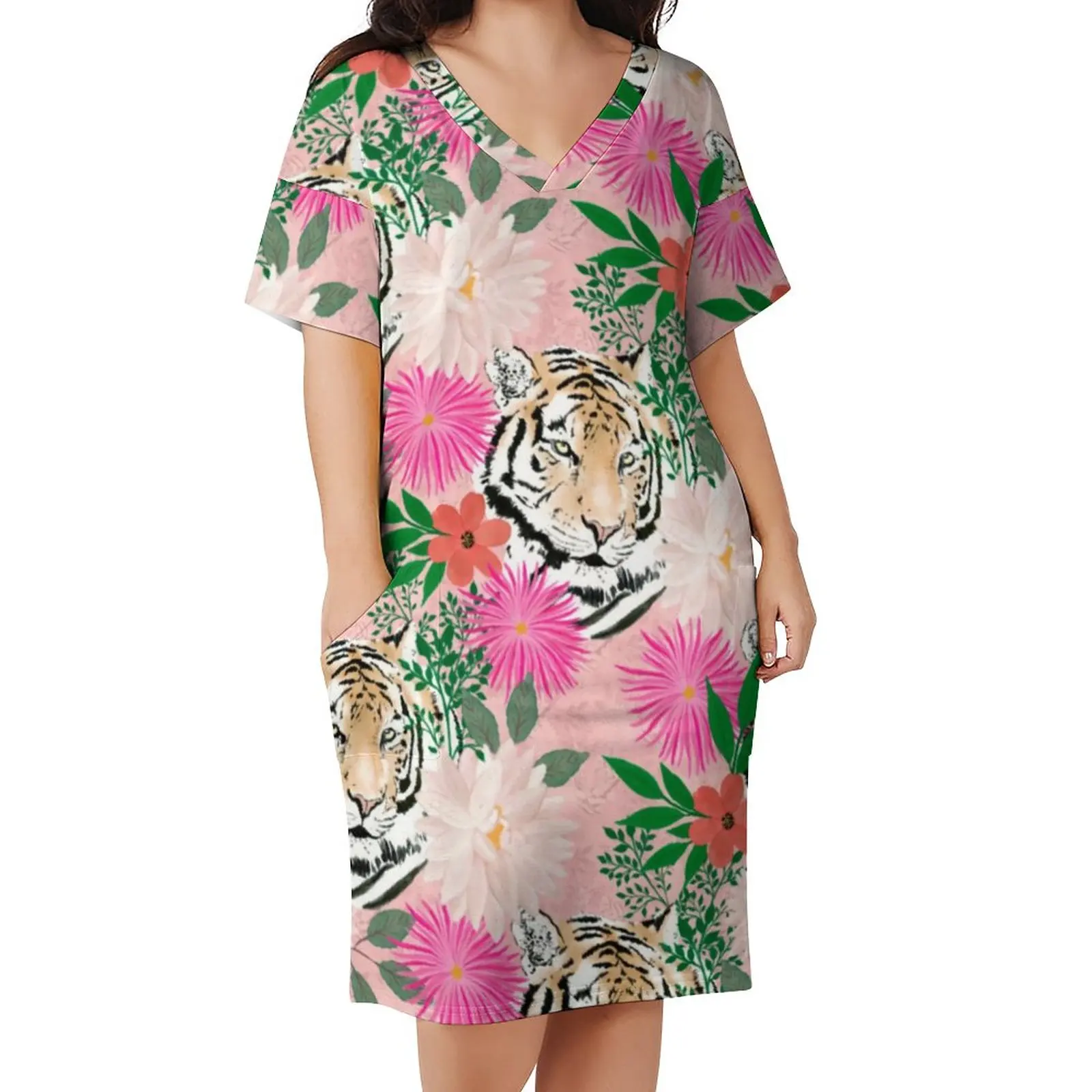 Tiger Animal Print Dress Plus Size Pretty Watercolor Floral Street Style Casual Dress Women Holiday V Neck Elegant Dresses Gift