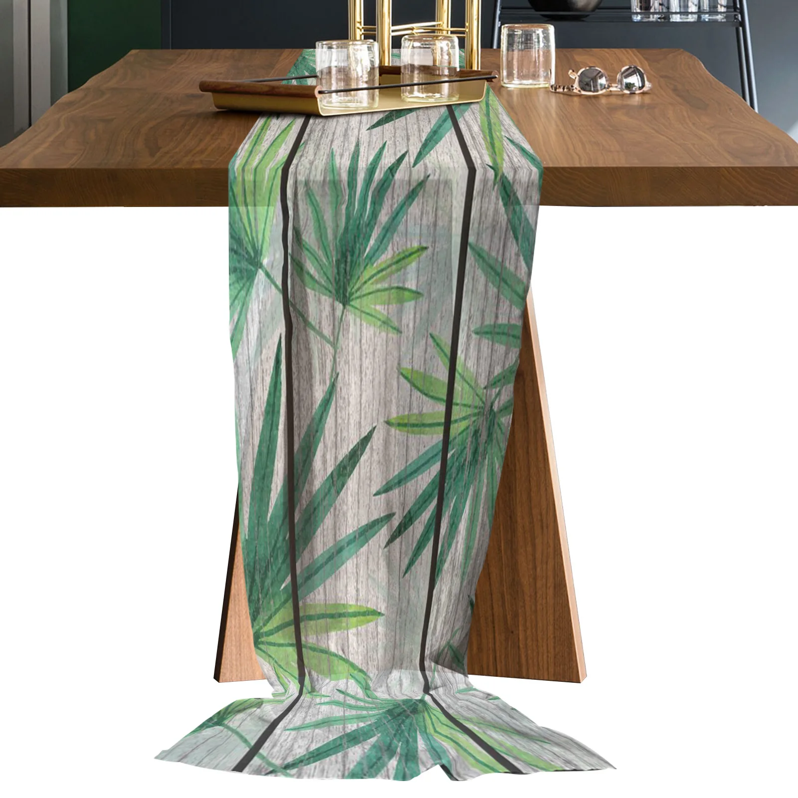 

Wood Grain Green Leaves Chiffon Table Runners Wedding Party Decor Tablecloth Gauze Table Runner for Home Coffee Table