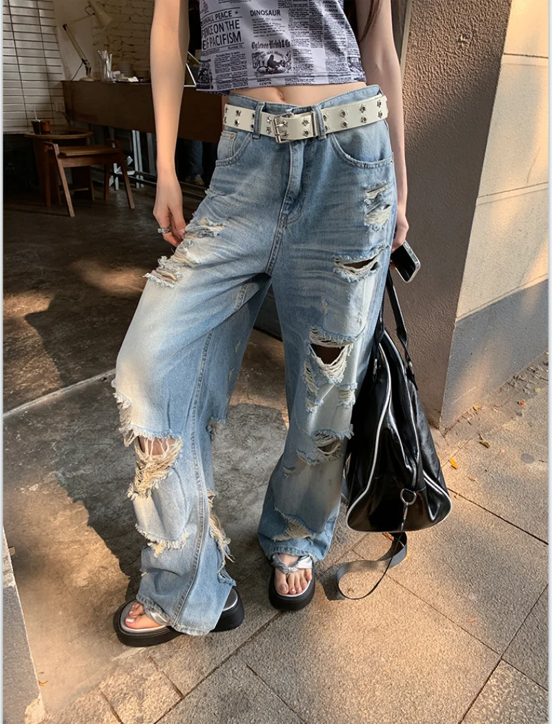 American Vintage High Street Beggar's Worn Washed Jeans Women's 2023 Summer New INS Loose Wide Leg Casual Pants