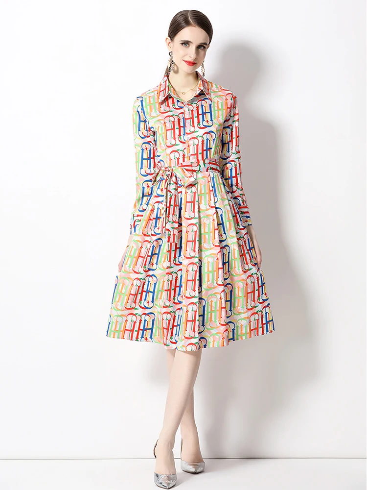 

Женское Повседневное платье-рубашка, модельное однобортное винтажное платье с длинным рукавом, поясом и надписью, праздничное платье, A3954