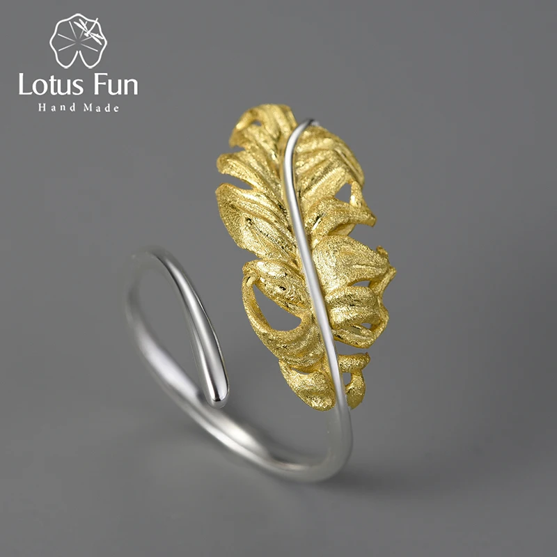 Lotus Fun 18K Gold Adjustable Luxury Vintage Long Goose Feather Rings for Women Real 925 Sterling Silver 2022 Trend Fine Jewelry