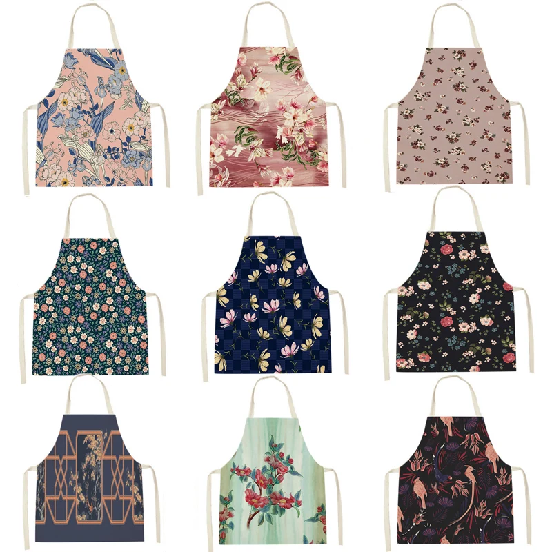 

Floral Flowers Printed Kitchen Apron Kids Men Women Chef Cooking Aprons Cotton Linen Waist Apron Cleaning