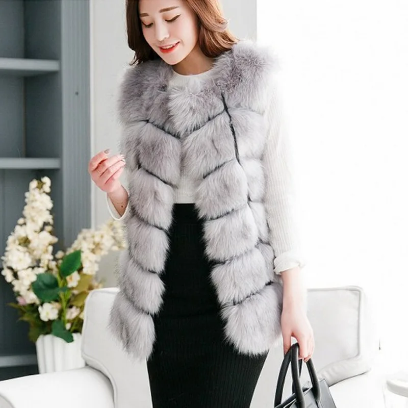 Women Faux Fur Vest  Autumn Winter Fashion New Coat Imitation Fox Fur Long Slim Tops Casual Sleeveless Jacket Big Size Clothes