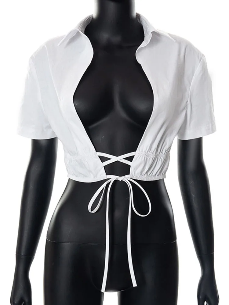 Simenual белая футболка поло для женщин Y2k базовый простой крест-накрест на шнуровке