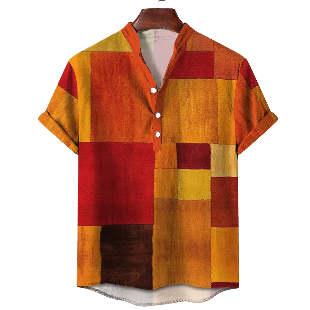

Men'S Button Shirt Spliced Color Block 3d Print Short Sleeve Loose Handsome Casual Tops Summer Fashion Men Clothing Henley Shirt