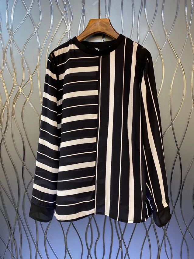 

2023 new women fashion long sleeves sexy casual horizontal and vertical stripes color matching straight pullover shirt 0709