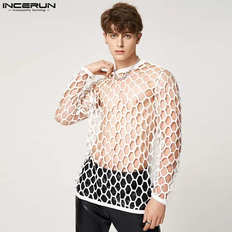 

INCERUN 2022 Men T Shirt Plaid Hollow Out Transparent Sexy O-neck Long Sleeve Camisetas Streetwear Stylish Men Clothing S-5XL 7