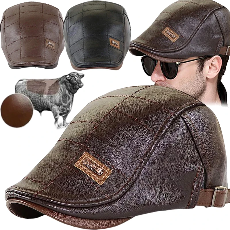 

Retro PU Leather Beret Hats For Men Autumn Winter Faux Leather Beret Hat Middle-aged Men's Visor Warm Flat Peaked Cap Adjustable
