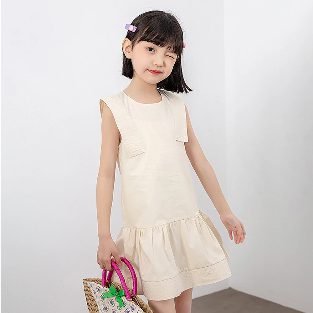 

Summer 2-12y Girls Cotton Casual Dresses Toddler Girl Kids Clothes Apricot Vestido Brief Solid Princess Dress Crew Neck sundress