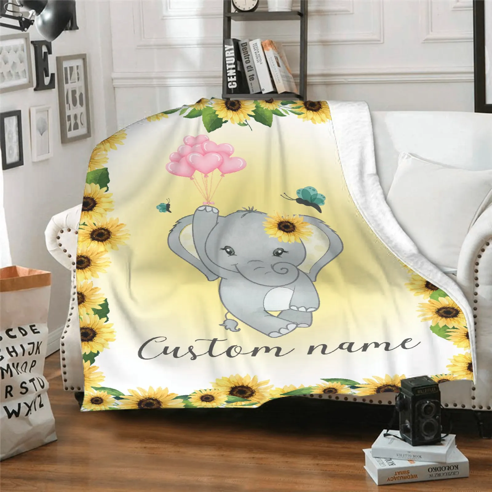 Coperta per bambini personalizzata con nome personalizzato elefante girasole coperta da tiro coperte in pile di flanella personalizzate 30x4 0/50x60 Inc