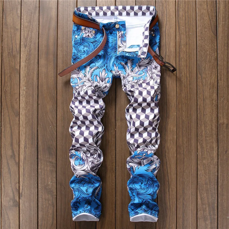 2022 Spring Men's Nightclub Denim Pants Plaid Printed Streetwear Hip Hop Ripped Holes Jeans Fashion Harajuku Trousers Jean Homme