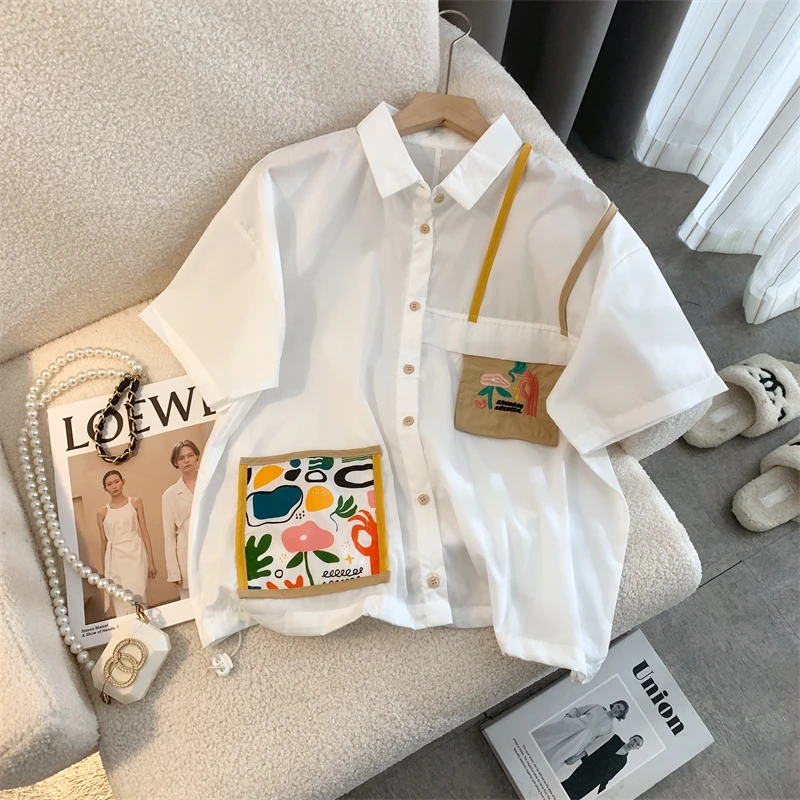 

Women's Graffiti Embroidered Pocket Short Sleeved Shirt Summer New French Chic Design Single Breasted Top Femal