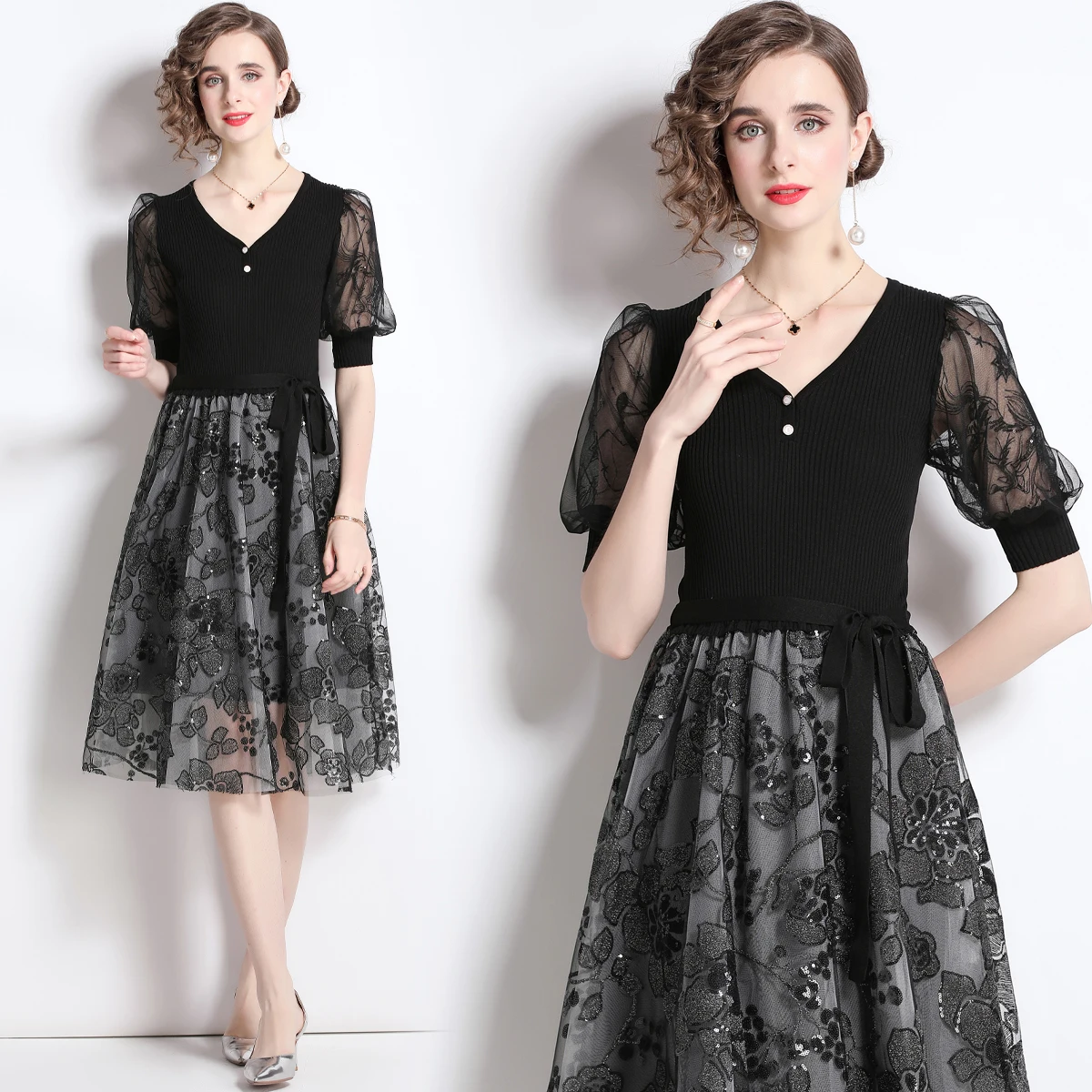 

2022 Summer New Women's High-end Temperament V-neck Lantern Sleeve Knitting Stitching Embroidery Mesh Fashion Lace Up Dress