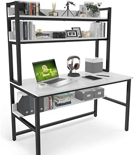 

Desk with Hutch and Bookshelf, 47 Inches White Home Office Desk with Space Saving Design, Metal Legs Table Desk with Upper Stora