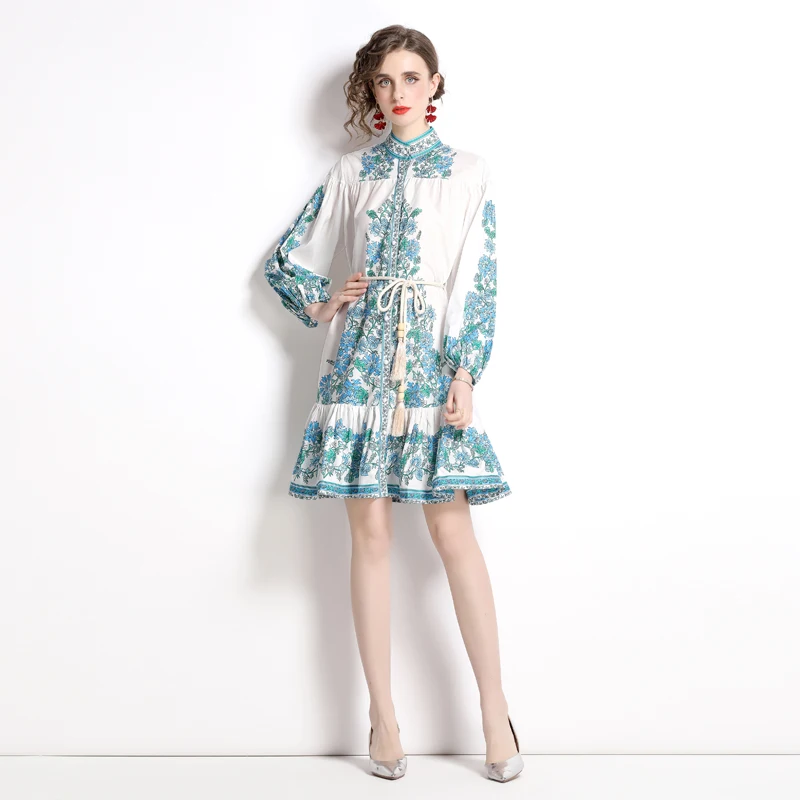 

SuperAen Spring 2022 New Flounce Fishtail Lace-up Printing Lantern Sleeve A-LINE Casual Dress for Women