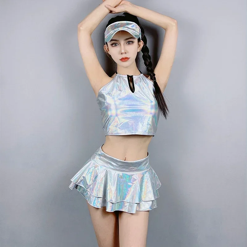 Женская серебряная одежда для черлидинга ночной клуб бар Dj Ds Rave топы юбка танцев