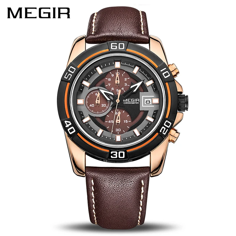 

MEGIR Brand Men Business Watch Luxury Leather Strap Chronograph Quartz Military Wrist Watches Clock Men Relogio Masculino 2023
