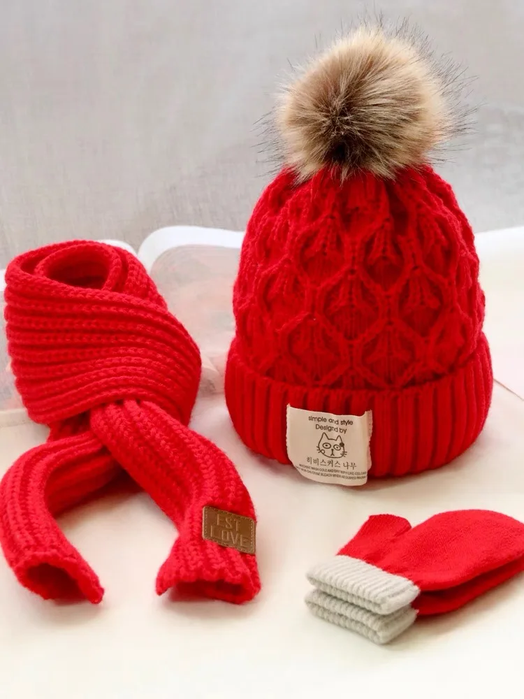 

Three piece children's hat and scarf autumn/winter warm knit hat baby boy girl baby wool knit hat tide Cute fashion hat