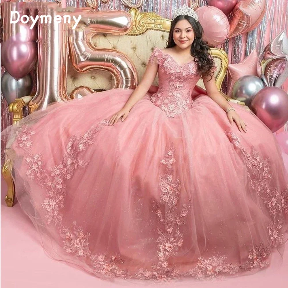 

Doymeny Appliques Quinceanera Dress Sequined Tulle V-neck Floor Length Vestidos XV Años Sweet 16 robe de soirée