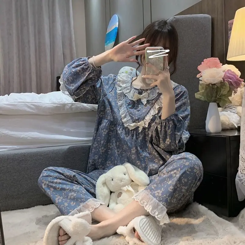 Korean Sweet Doll Collar Pajamas Women New Long Sleeve Top + Pant Suit Spring Autumn Female Sleepwear Set Pyjama Pour Femme