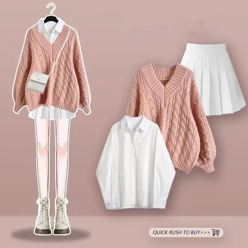 Женский осенне-зимний свободный свитер в консервативном стиле рубашка мини-юбки
