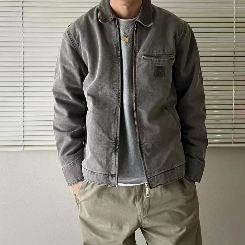 

2023 Осень/Зима тяжелый батик брезентовый на молнии карго куртка повседневное Свободное пальто мужское искусственное сафари стиль