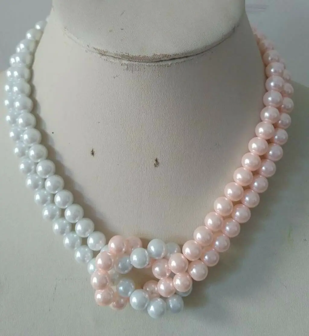

2Rows 8mm Pink / White Akoya Shell Pearl Round Beads Jewelry Necklace AAA Grade