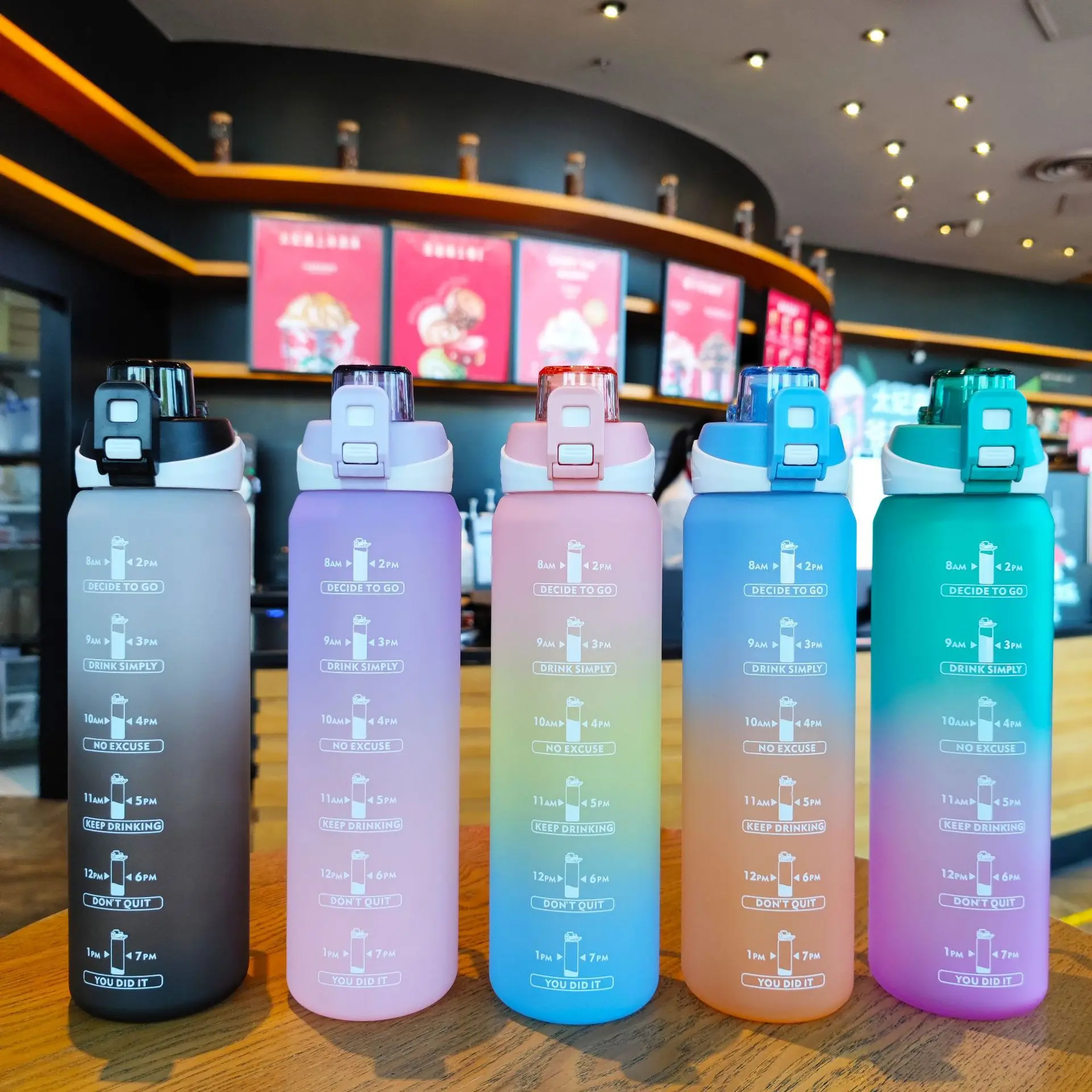 

1000ml Colorful Gradient Water Bottle Scrub Time Scale Bottle Sports Water Bottle Portable Handle Direct Drink botella de agua