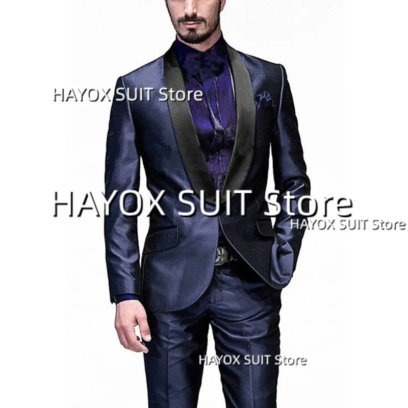 Men's Suits 2 Piece Slim Fit Black Shawl Collar One Button Jacket Pants Business Formal Wedding Groom Prom Tuxedo