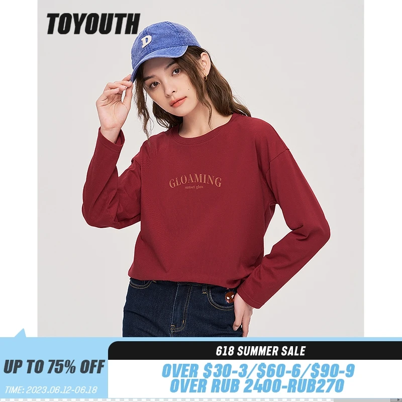 

Toyouth Women Tees 2022 Autumn Long Sleeve O Neck Loose T-shirt Letter Print Pure Cotton Basic Casual Streetwear Tops