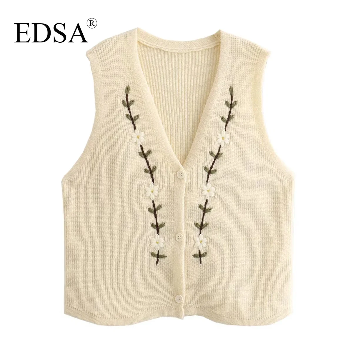 

EDSA Women Elegant Beige Floral Embroidered Cardigan V-Neck Sleeveless Single Breasted Knitted Waistcoat Vest Coat