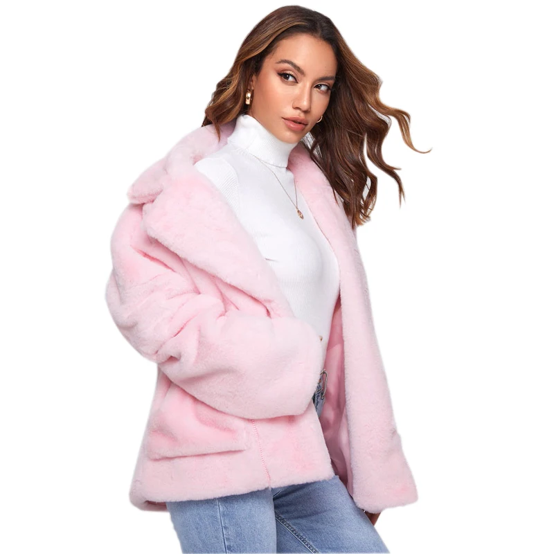 Pink Fluffy Fur Coat Turn Down Collar Lantern Sleeve Oversize Faux Fox Fur Jacket Woman Cropped Top Fashion Warm Outwear Female