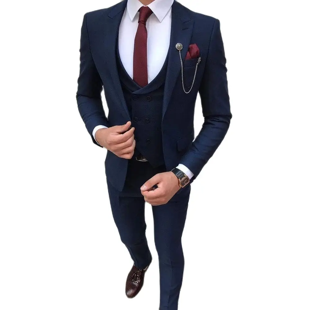 

Индивидуальный костюм темно-синего цвета с лацканами на одной пуговице, мужской облегающий костюм для жениха, деловой костюм из 3 предметов, блейзер