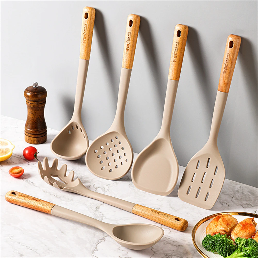 

Silicone Cooking Utensil Wooden Handle Brush Ladle Pasta Colander Heat-resistant Non-Stick Leaking Spoon Cookware Kitchen Tool