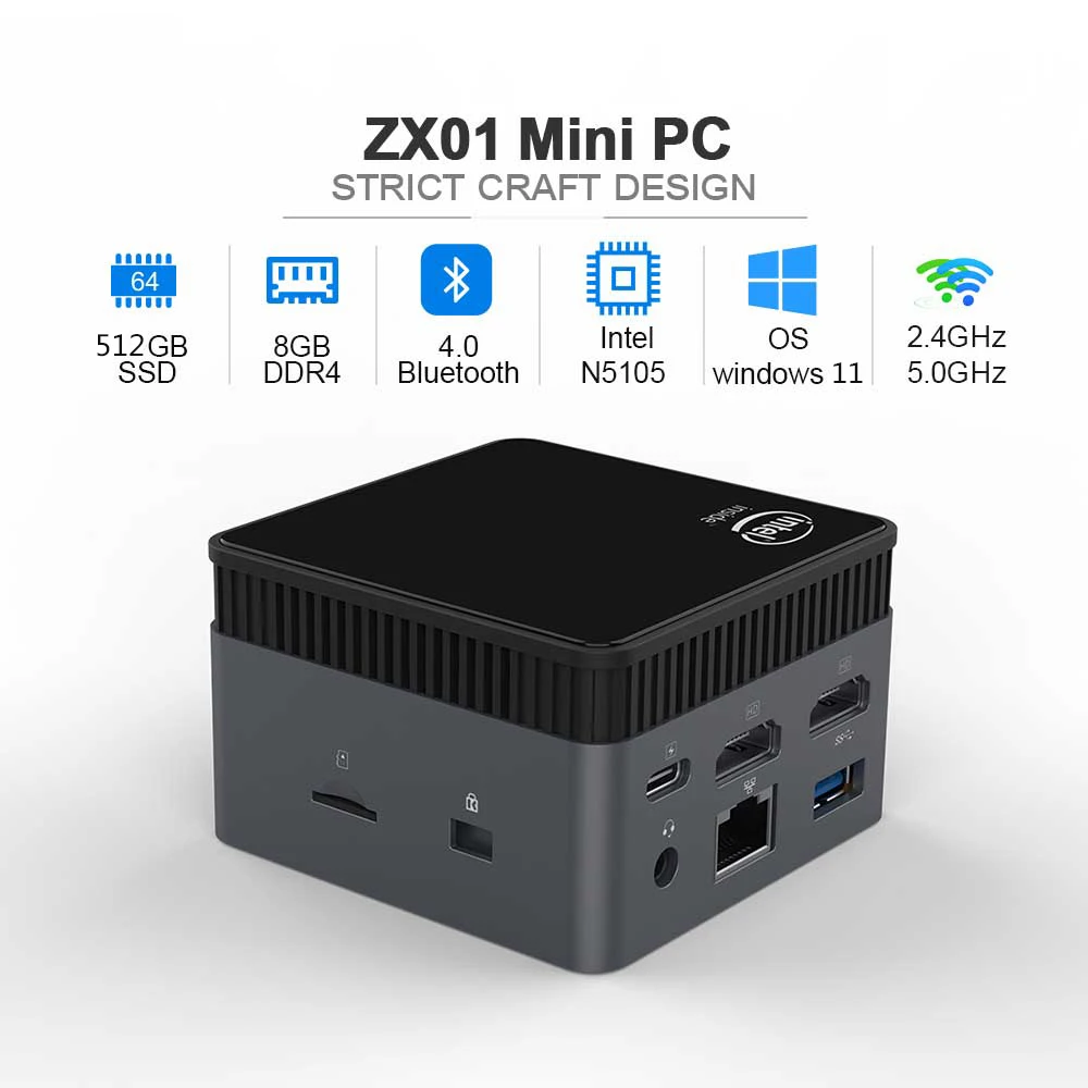 ZX01 Quard Core Windows 11 Mini PC Intel N5105 2.9GHZ DDR4 8GB 512GB SSD 1000M 5G Wifi BT4.2 Desktop Gaming Mini Computer PK T4