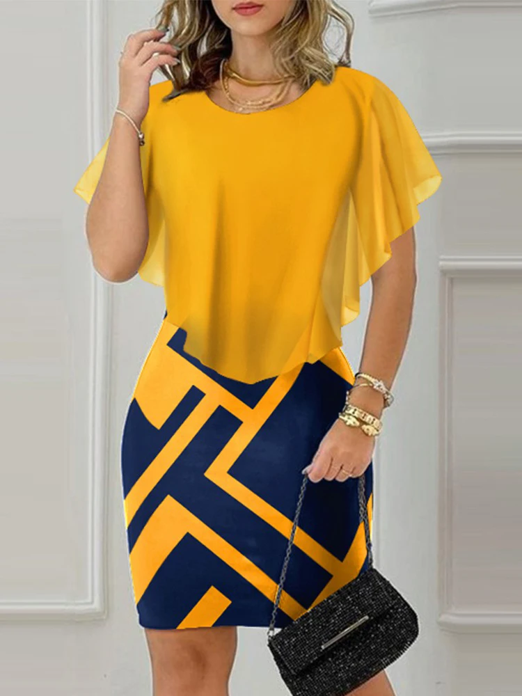 

Geometric Print Ruffle Hem Bodycon Dress