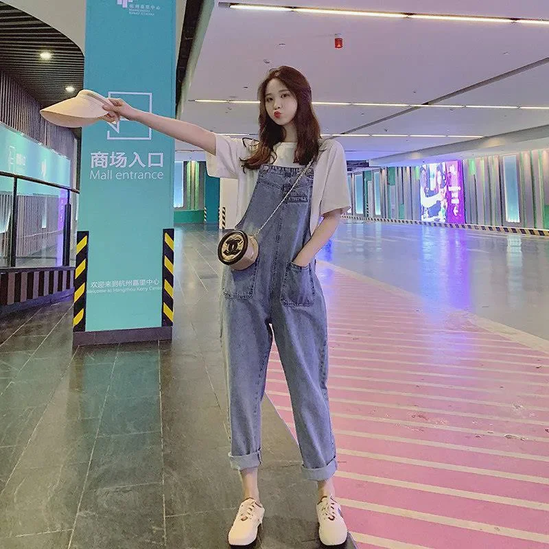 Комбинезоны женские джинсовые потертые синие комбинезоны в корейском стиле