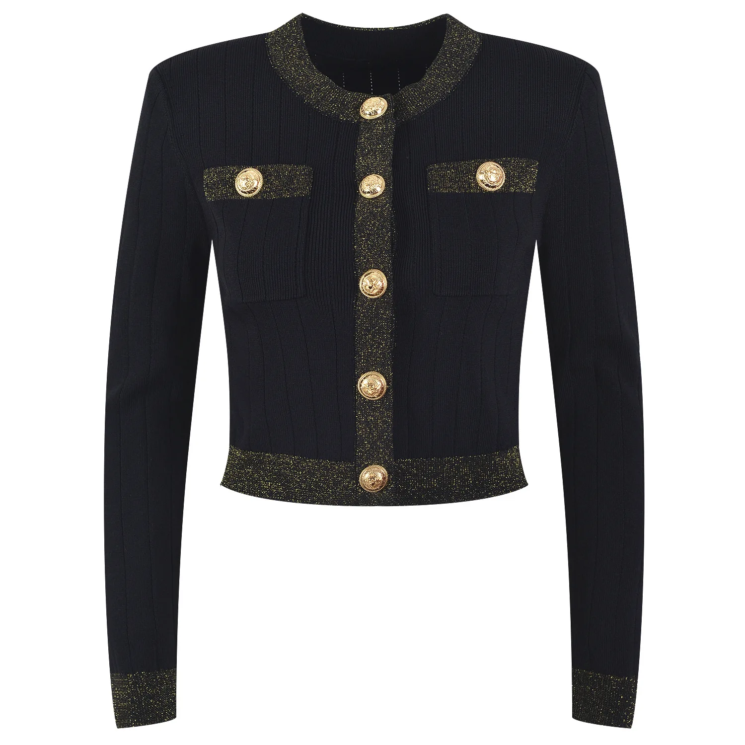 

HIGH STREET Newest 2023 Designer Style Women's Gold Buttons Knitting Cardigan Sweater Elegant Crop Tops Korean Clothes Japanese