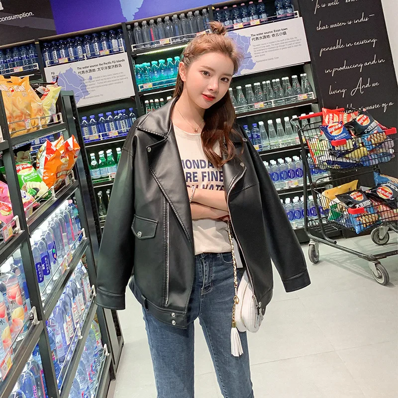 DUOFAN Faux Leather Jackets Woman Casual PU Motorcycle Black Coats Lapel Loose Ladies White Outerwear Jacket