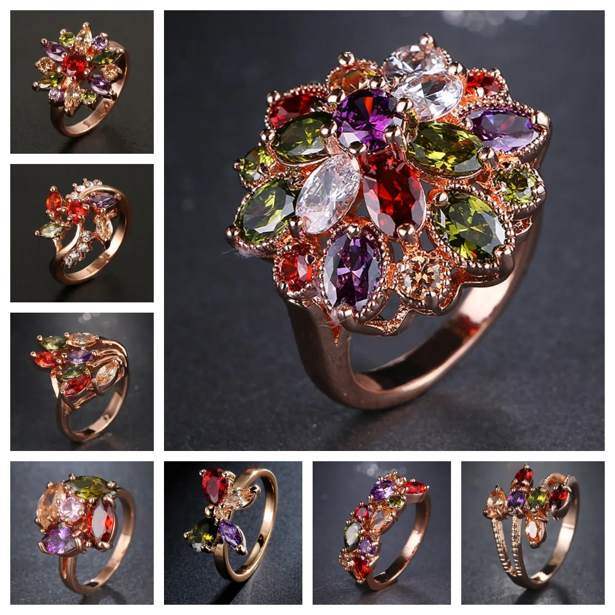 

CANPEL 2023 NEW Classic Multicolor Water Drop Cubic Zircon Engagement Ring Rose Gold Color Mona Lise Bague Female Jewelry