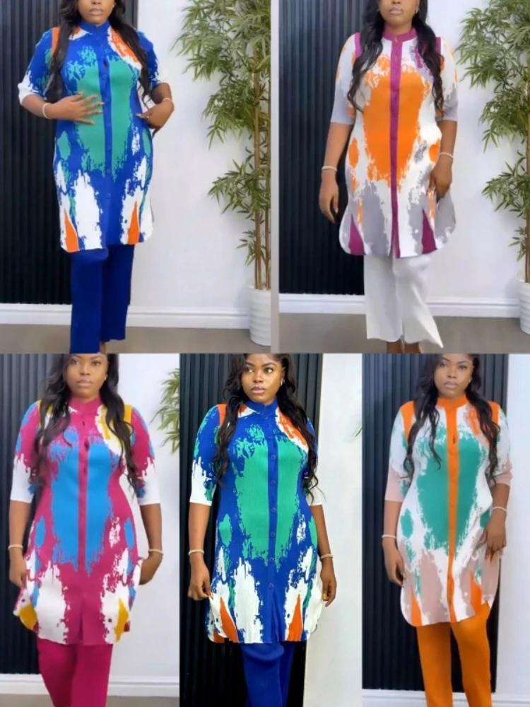 Женский брючный костюм EGRM Miyake однобортный Топ с длинным рукавом и свободные