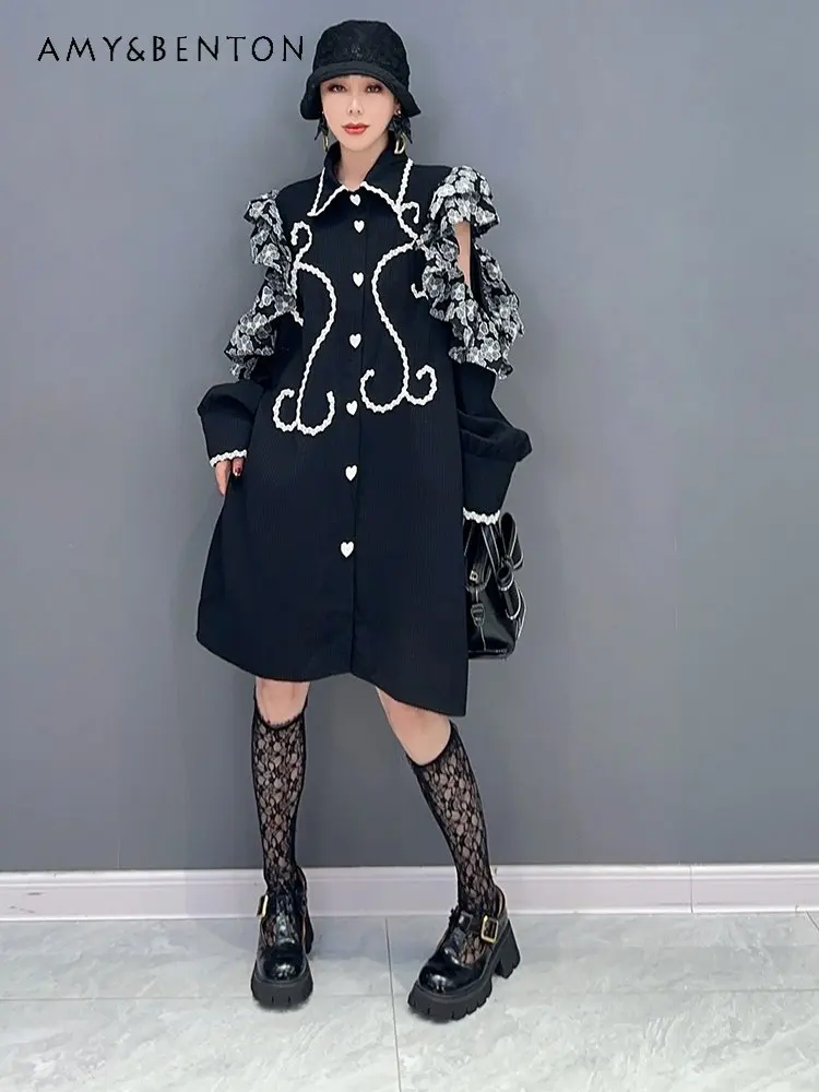 European Station 2023 Spring New Korean Fashion Polo Collar Mid-Length Dress Slim Temperament Female Single-Breasted Dress