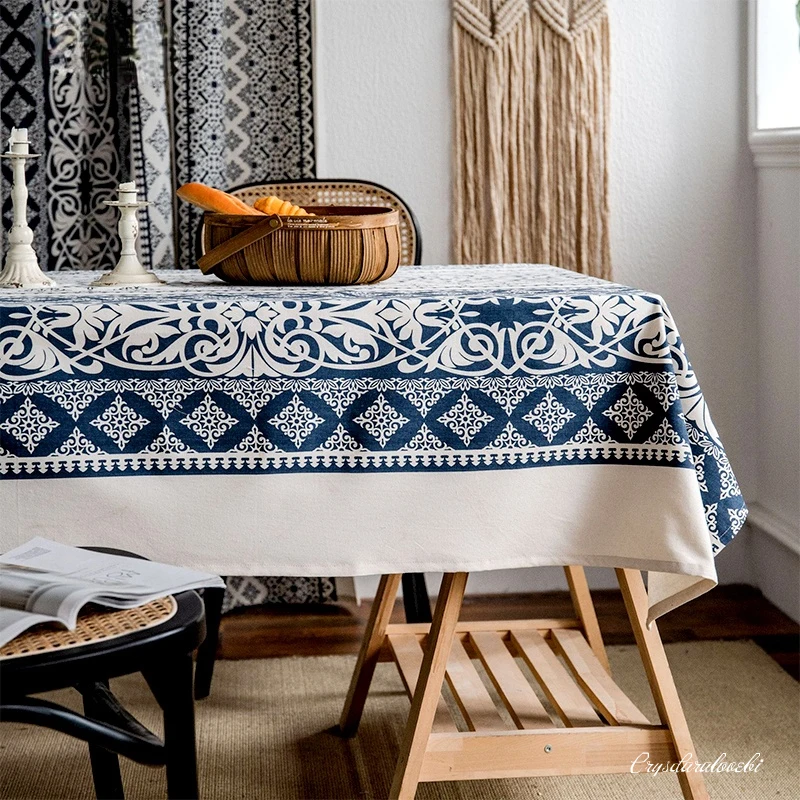 

Chinese classical Retro Linen Cotton Tablecloth Blue White Rectangular TableCloth Dining restaurant Table Cover Decor