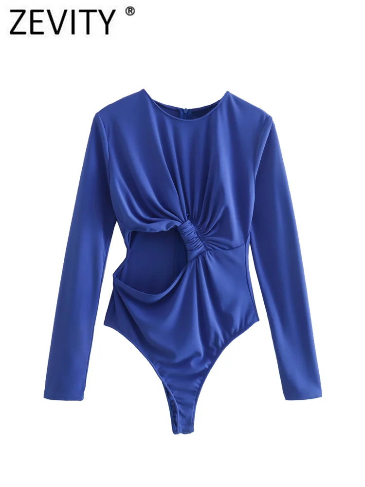 Zevity New Women O Neck Long Sleeve Blue Bodysuits Ladies Chic Hollow Out Knotted Back Zipper Playsuits Rompers Tops DS306